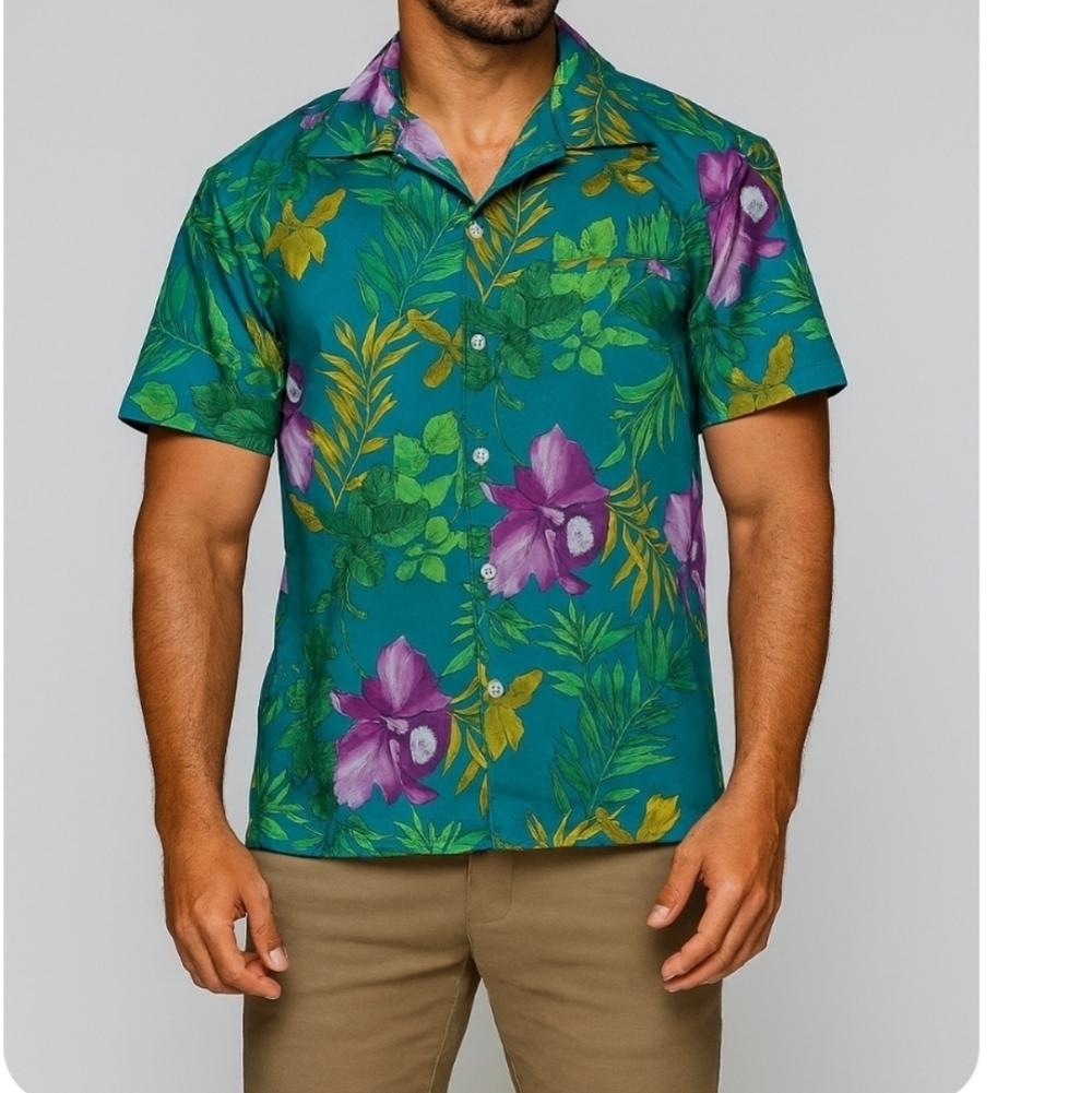Hilo Hattie Hawaiian Shirt Men's Large L  Teal Floral Aloha Button-Up Vintage